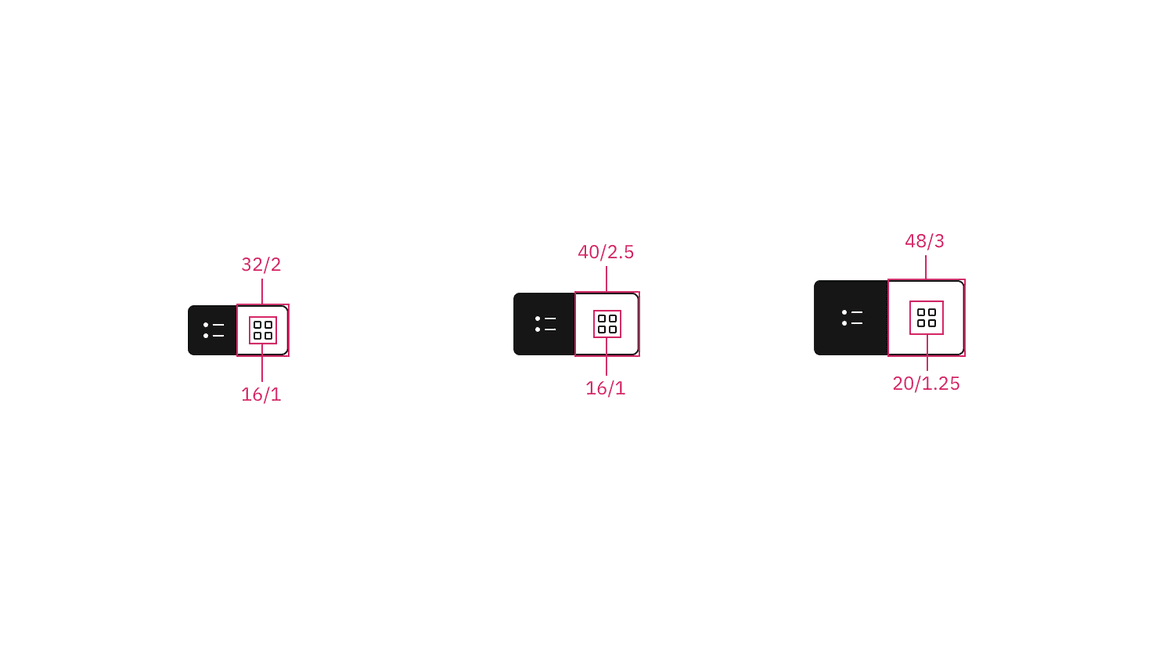 Structure and spacing measurements for icon content switcher in px and rem